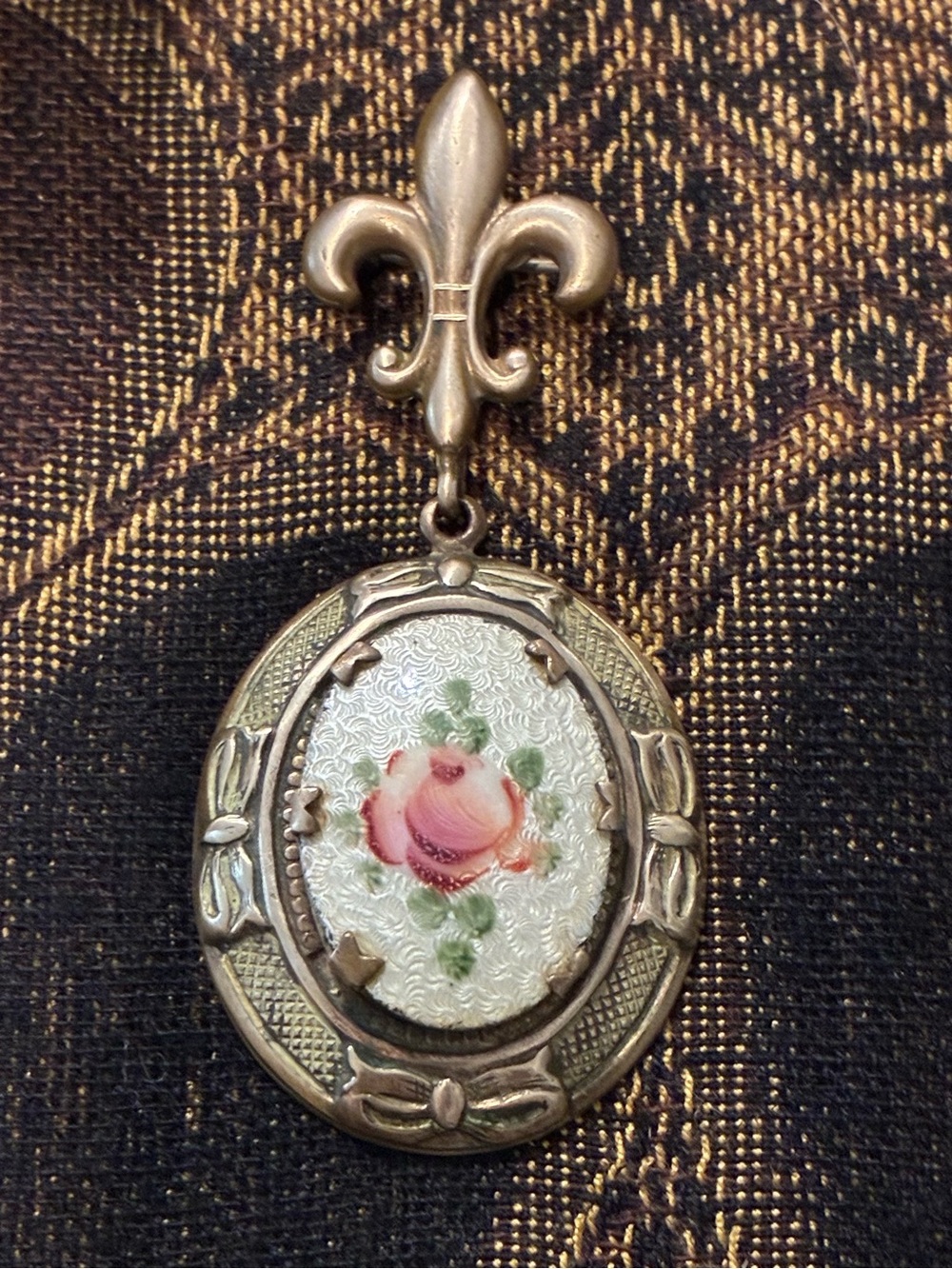 Victorian Style Floral Enamel Locket Pendant - Pink Rose on White